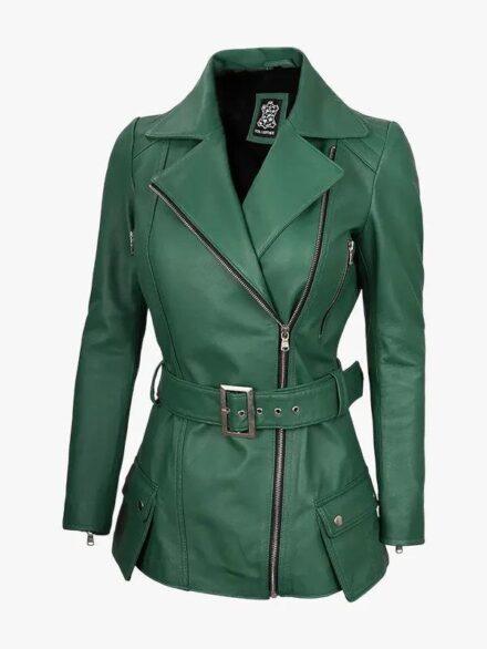 Womens Green Belted Biker Zipper Jacket 2196a14d 3c97 4425 ac2d c17956f14200