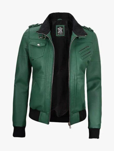 Womens Green Bomber Zip Up Hooded Jacket