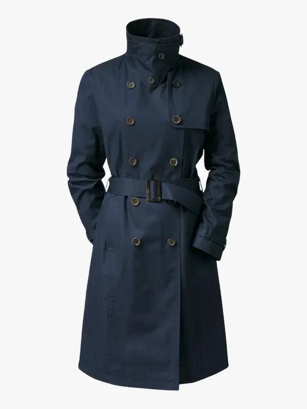 Women's Navy Mid-Length Belted Coat