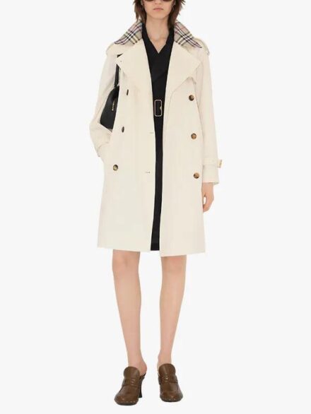 Women's Plaid Collar Double-Breasted White Trench Coat