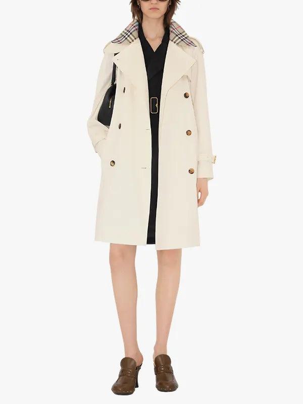 Women's Plaid Collar Double-Breasted White Trench Coat