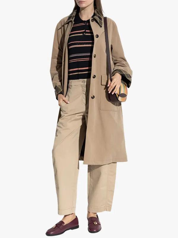 Women's Plaid Collar Trench Coat with Flap Pockets