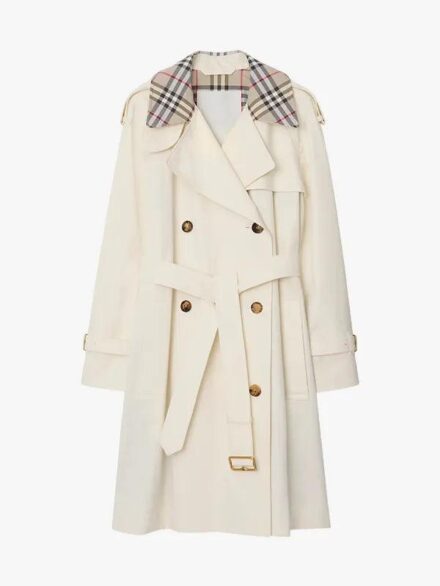Women's Plaid Collar White Trench Coat