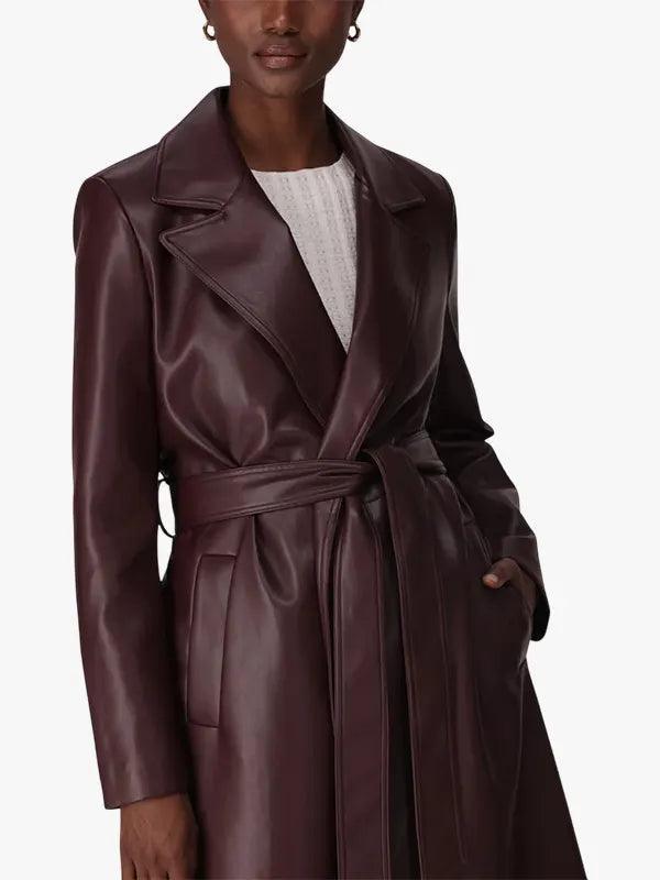 Women's Wrap Burgundy Leather Trench Coat
