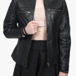 Womens Black Cafe Racer Leather Jacket Front