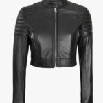 Womens Black Cropped Leather Moto Jacket