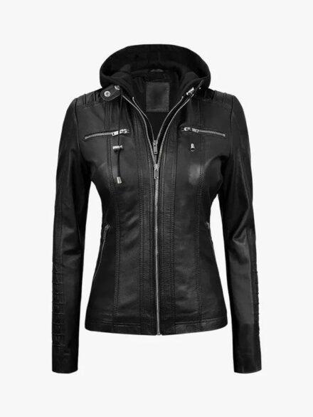 Womens Black Hooded Leather Jacket