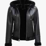 Womens Black Leather Hooded Shearling Jacket