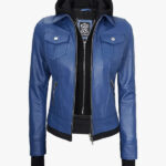 Womens Blue Bomber Jacket With Hood