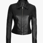 Womens Harrington Style Black Real Leather Jacket Front