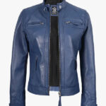 Womens Real Lambskin Blue Quilted Biker Jacket