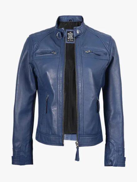 Womens Real Lambskin Blue Quilted Biker Jacket