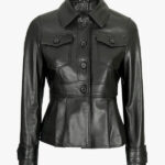 Womens Short Body Black Peplum Leather Jacket Front