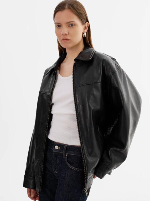 lamarque theia oversized leather bomber jacket in black