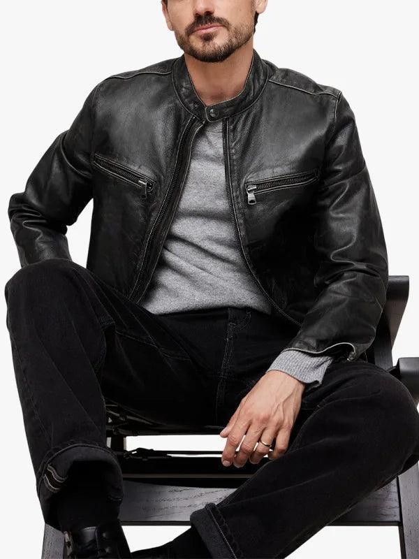 Distressed Black Leather Cafe Racer Jacket For Men's