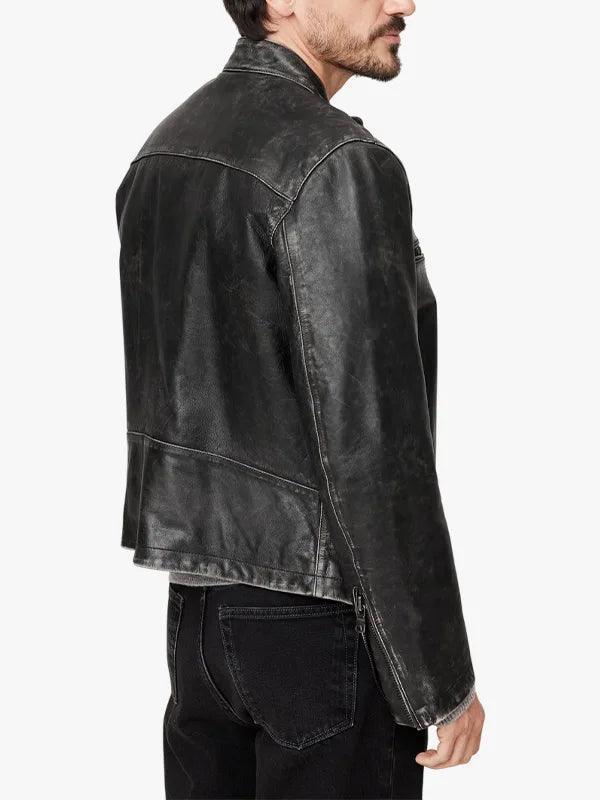 Distressed Black Leather Moto Jacket For Men's