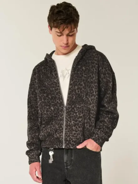 Hollister Men's Boxy Zip-Up Leopard Print Hoodie
