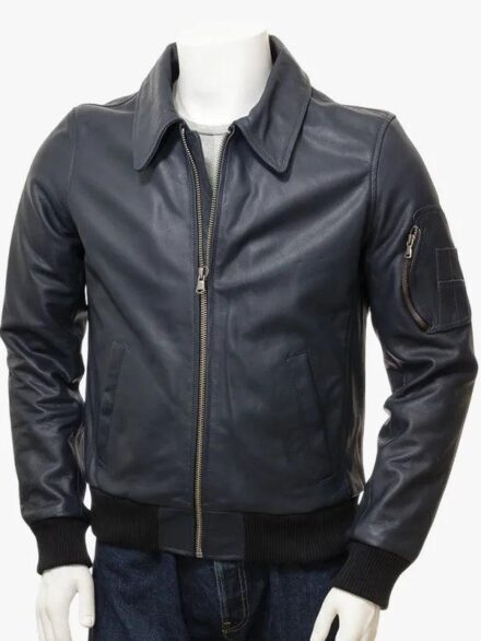 Men's Blue Leather Bomber Jacket