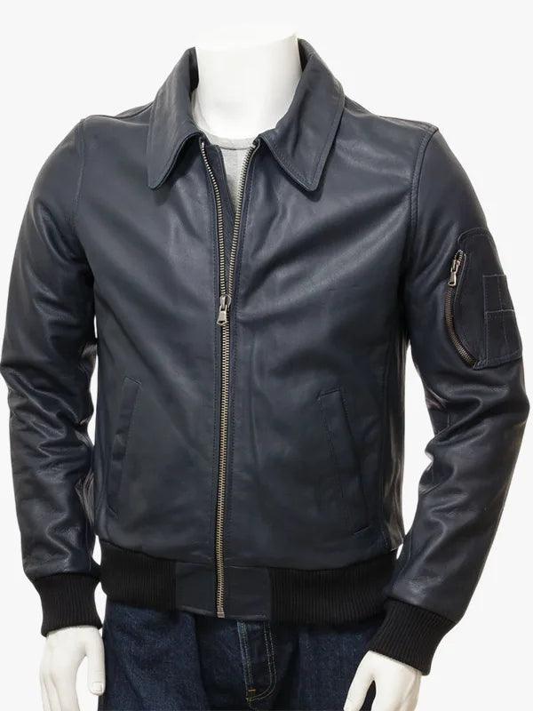 Men's Blue Leather Bomber Jacket