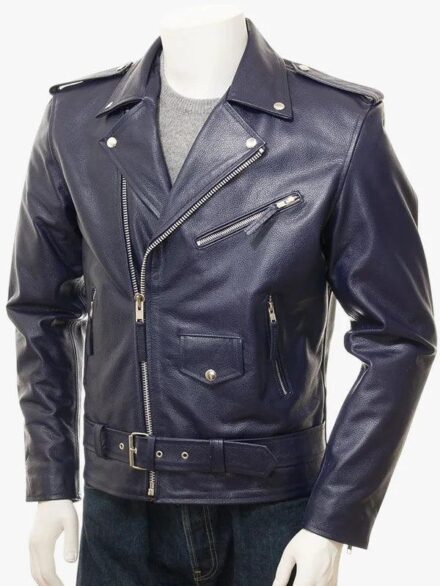 Men's Blue Leather Motorcycle Rider Jacket