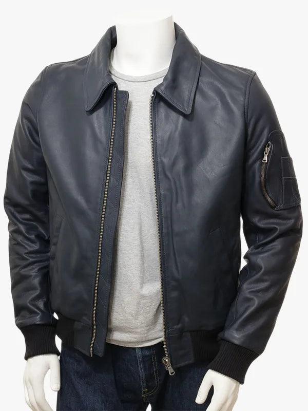 Men's Casual Blue Leather Bomber Jacket