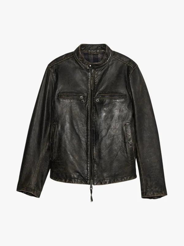Men's Distressed Black Leather Cafe Racer Jacket