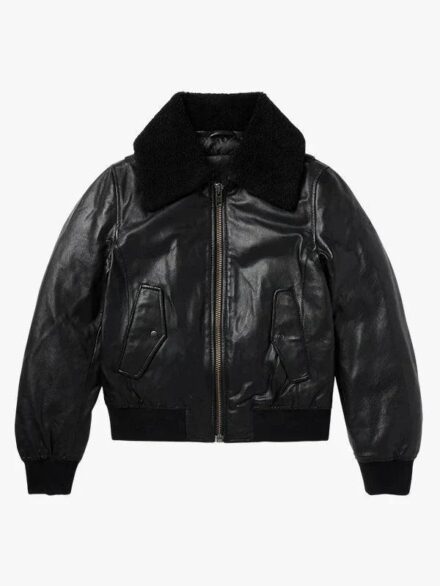 Men’s Fur Collar Black Leather Bomber Jacket