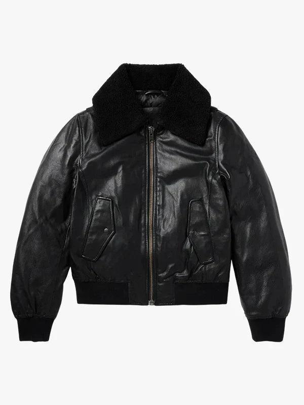Men’s Fur Collar Black Leather Bomber Jacket