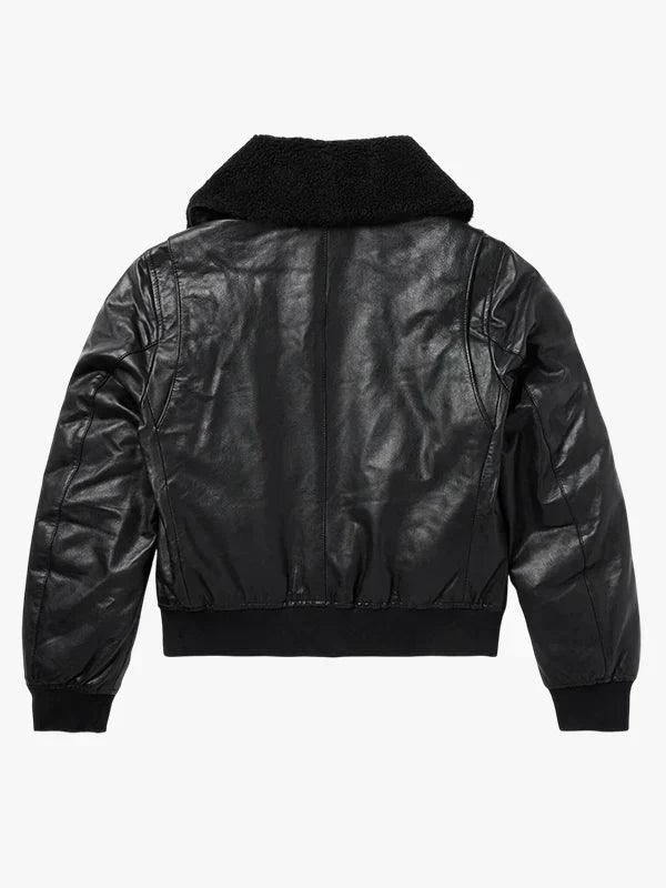 Men’s Shearling Collar Black Leather Bomber Jacket
