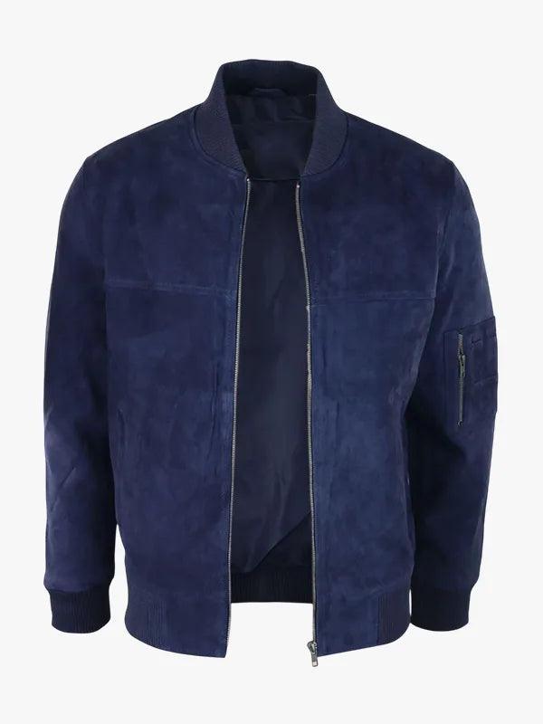 Mens Genuine Suede Bomber Jacket Leather Casual Varsity VIntage Smart Casual Navy
