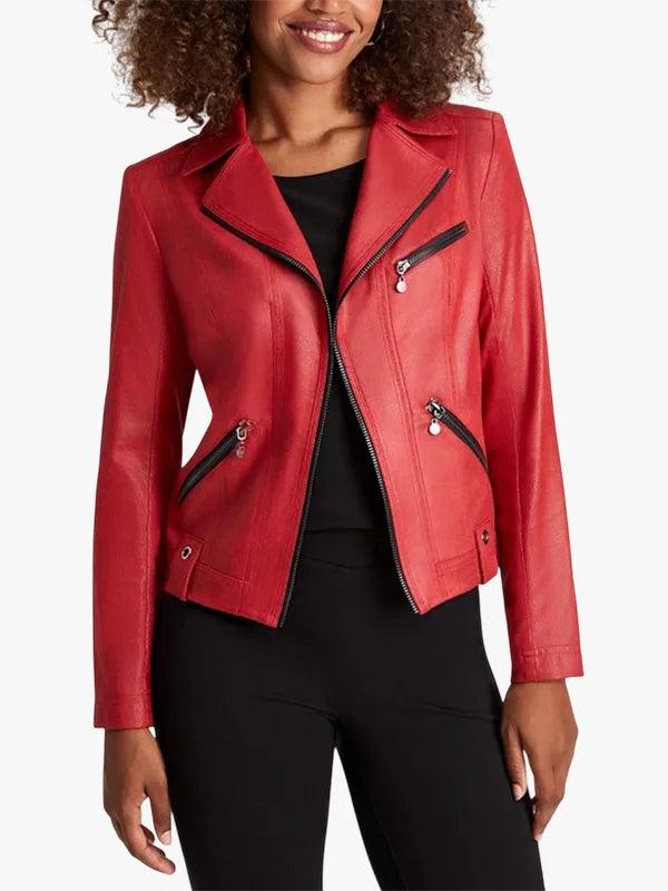 Red Leather Moto Jacket For Women's