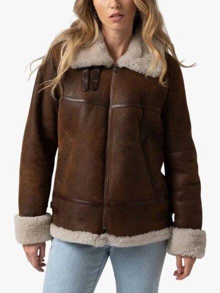 Saint and Sofia Amelia Aviator Brown Leather Jacket