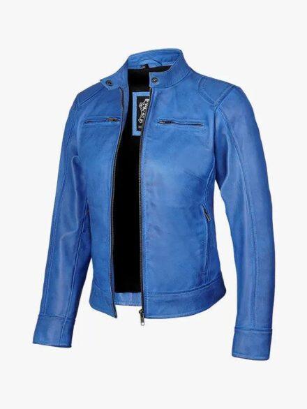 Sky Blue Waxed Leather Moto Jacket Women