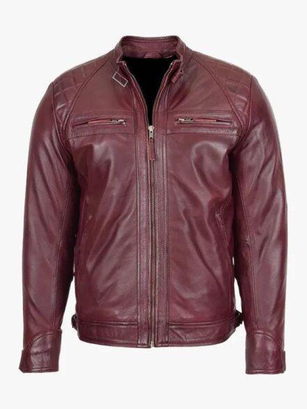 Stand Collar Real Lambskin Burgundy Leather Biker Jacket For Men's