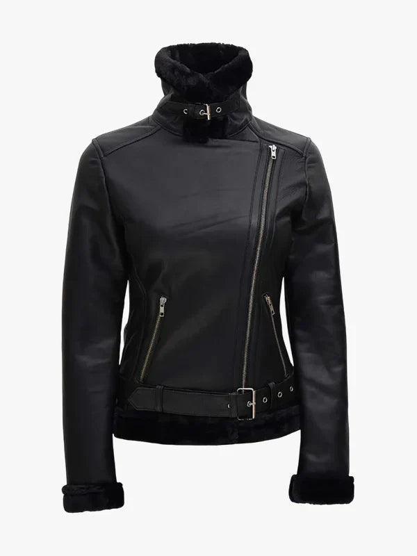 Women’s Black Leather Moto Shearling Jacket