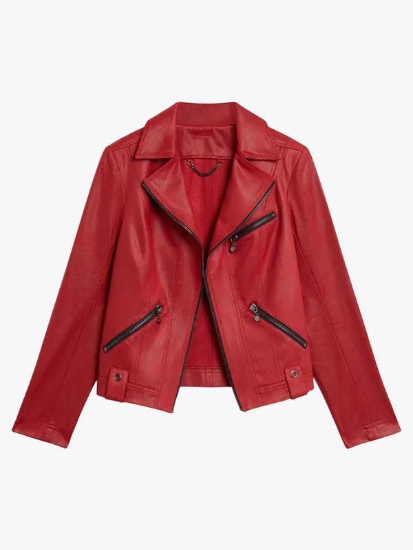 Women's Red Leather Moto Jacket