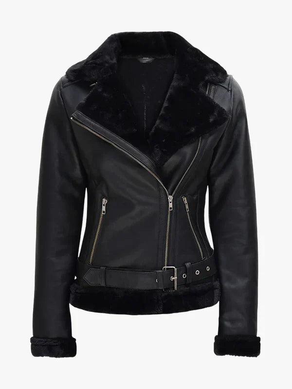 Women’s Shearling Black Leather Moto Jacket