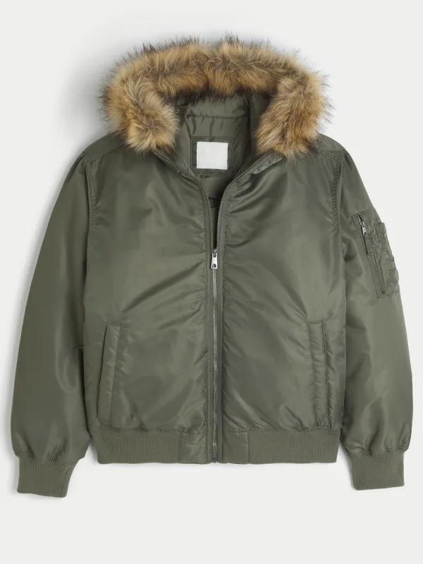 Hollister Faux Fur Hooded Bomber Jacket