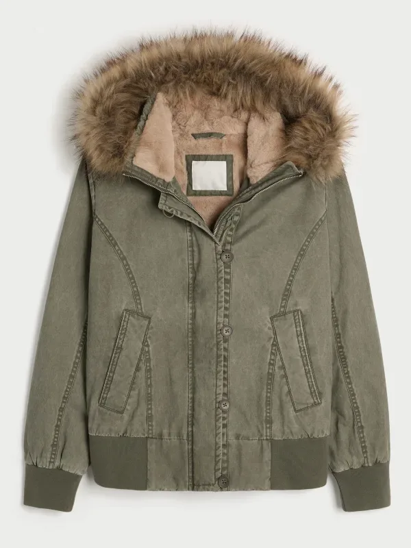 Hollister Faux Fur-Lined Hooded Bomber Jacket