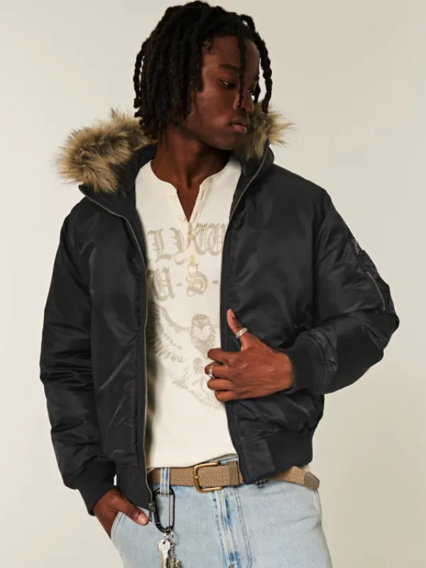 Hollister Faux Fur Trim Hooded Bomber Jacket