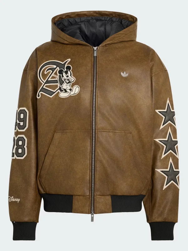Adidas Disney Mickey Mouse Hooded Leather Bomber Jacket