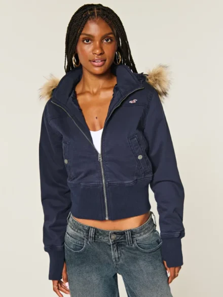 Hollister Peyton Twill Fur Collar Hooded Jacket Blue