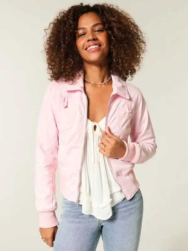 Hollister Twill Pink Zip Up Jacket