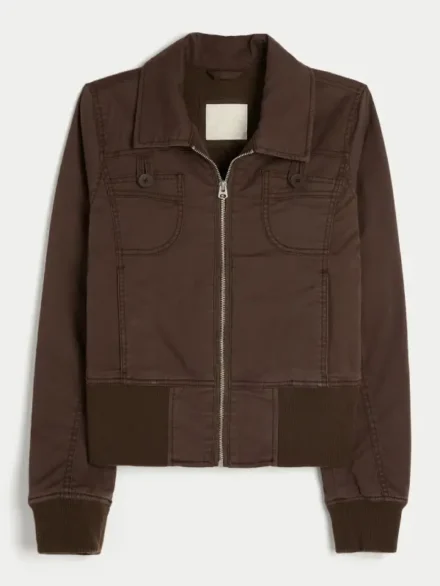 Hollister Twill Zip Up Jacket Brown
