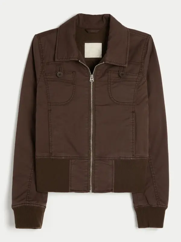 Hollister Twill Zip Up Jacket Brown