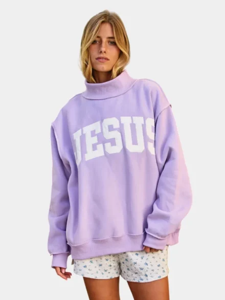 Jesus Mock Neck Sweatshirt Purple